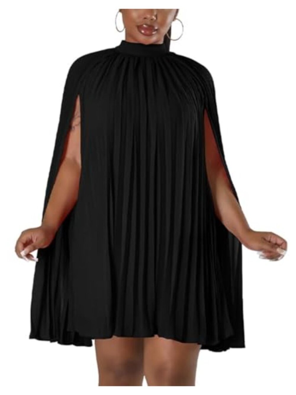 Cape Sleeve Pleated Split Short Cocktail Party Flowy Dress Loose Fit